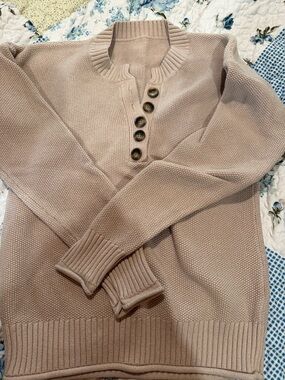 Amazon Women's Taupe Button-Front Knit Turtleneck Pullover